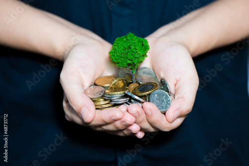 hand full of money and holding a green plant
