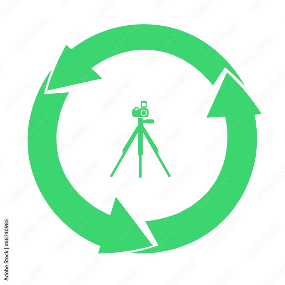 Appareil photos sur un trépied dans un symbole recyclage Appareil photos sur un trépied dans un symbole recyclage