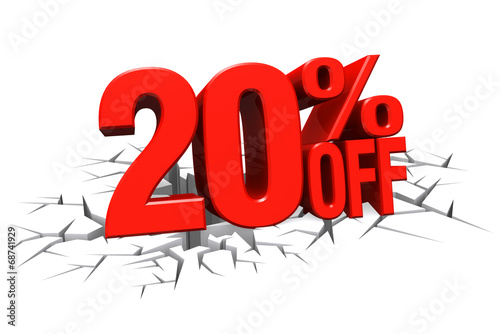 3D render red text 20 percent off on white crack hole floor.
