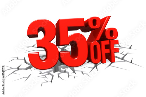3D render red text 35 percent off on white crack hole floor.