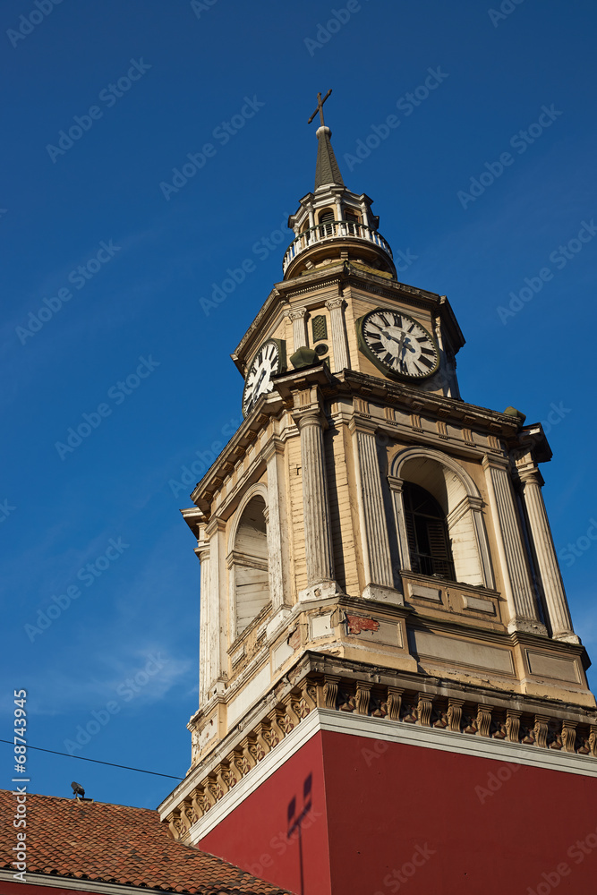 Clock tower of San Francisco church in Santiago