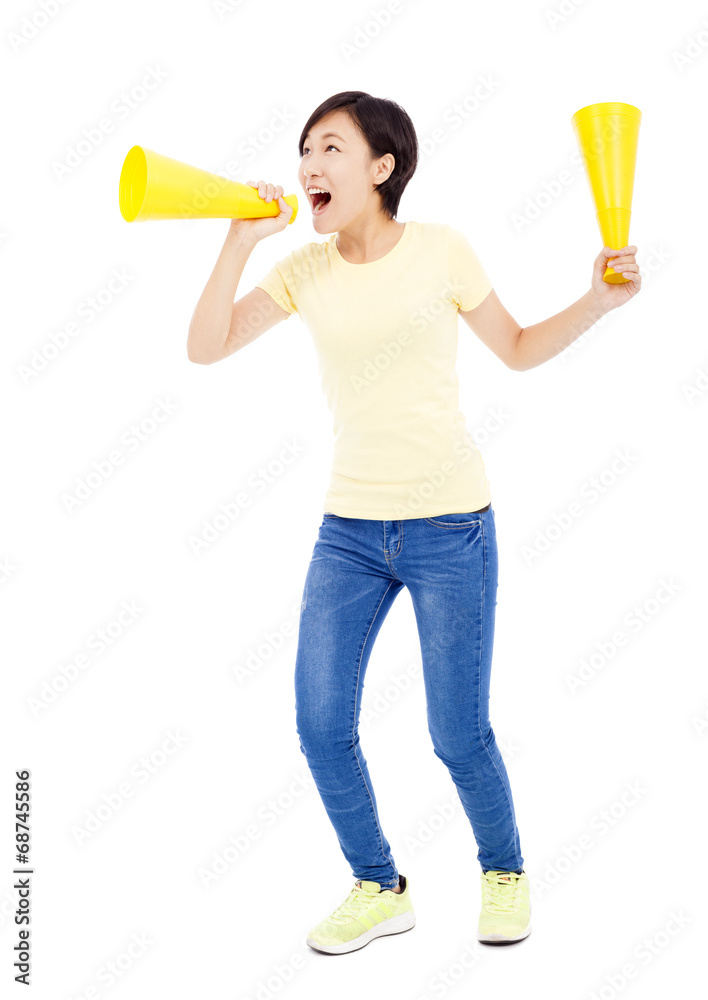 young student girl holding megaphone over white background young student girl holding megaphone over white background