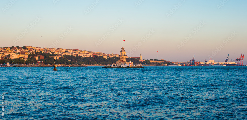 Panorama of the beautiful city Istanbul in sunset on Bosphorus