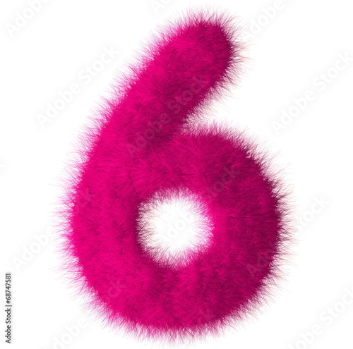 Pink shag 6 number font isolated on white background