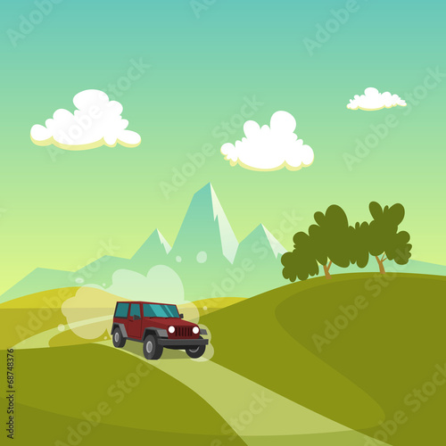 Summer cartoon landscape with car on the road.