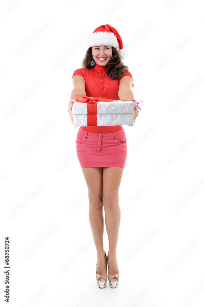 cheerful excited christmas woman in santa's hat with gift box, f cheerful excited christmas woman in santa's hat with gift box, f