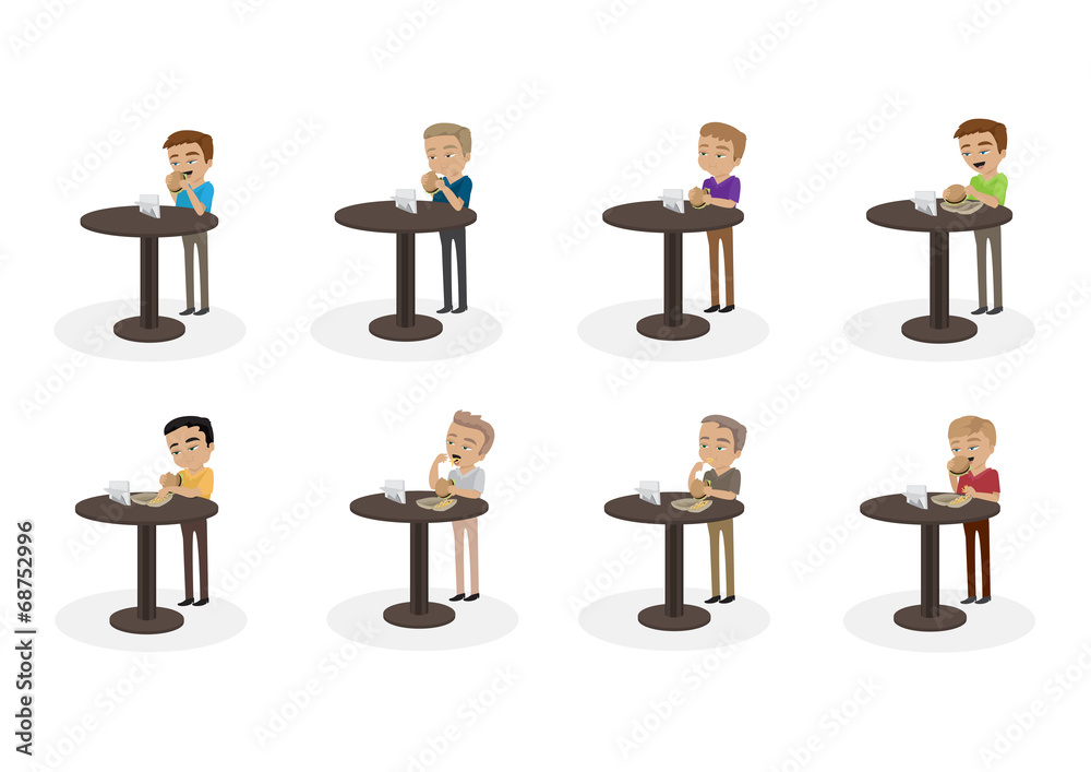 People Eat A Hamburger Set - Isolated On White Background People Eat A Hamburger Set - Isolated On White Background