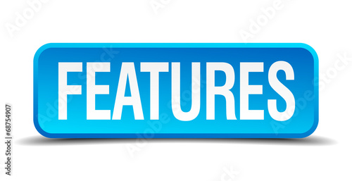 features blue 3d realistic square isolated button