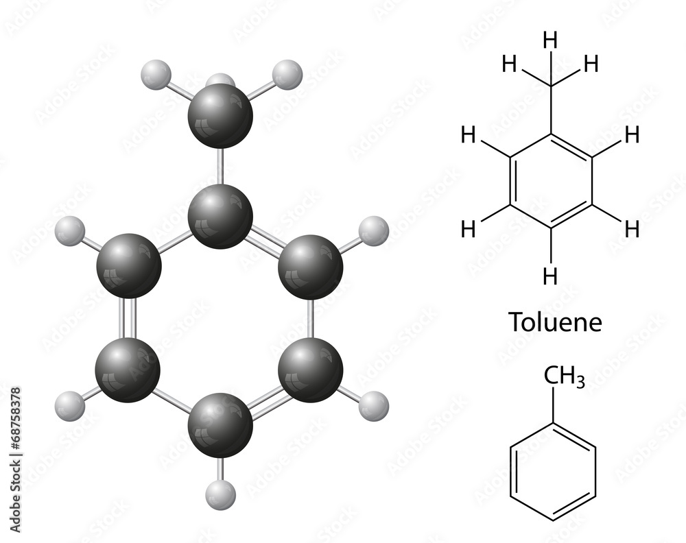 Structural chemical formulas and model of toluene molecule Structural chemical formulas and model of toluene molecule