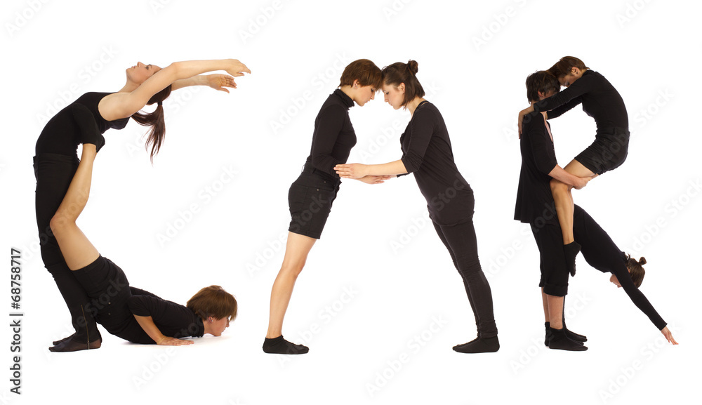 Black dressed people forming CAR word over white Black dressed people forming CAR word over white