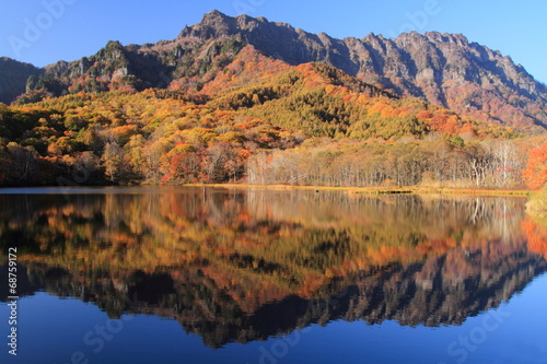 秋の戸隠高原 紅葉の鏡池と戸隠山