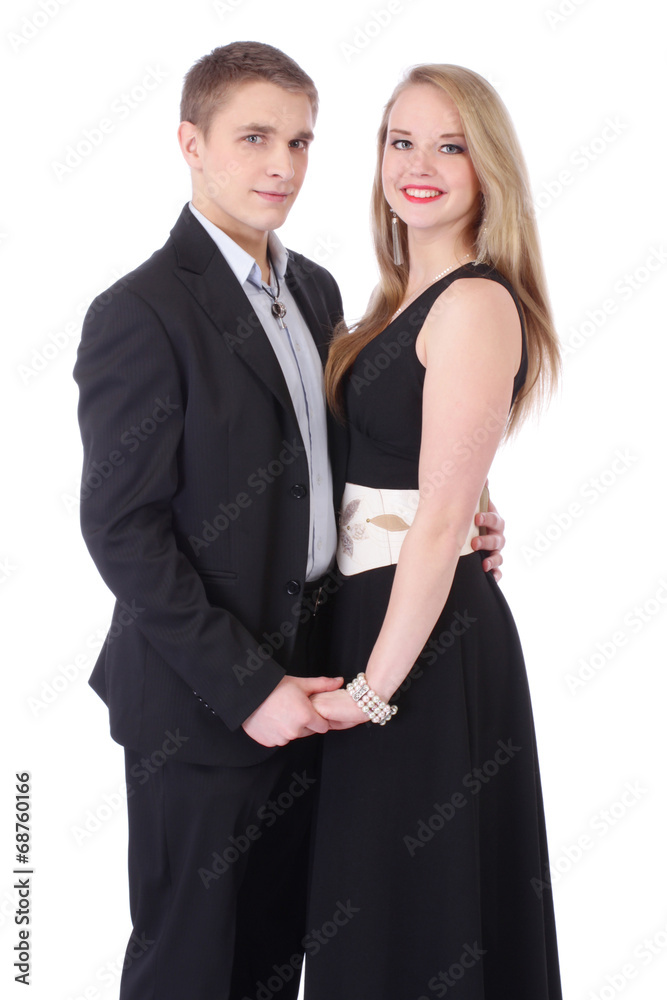 Half length portrait of teenage couple in formal clothes isolate Half length portrait of teenage couple in formal clothes isolate