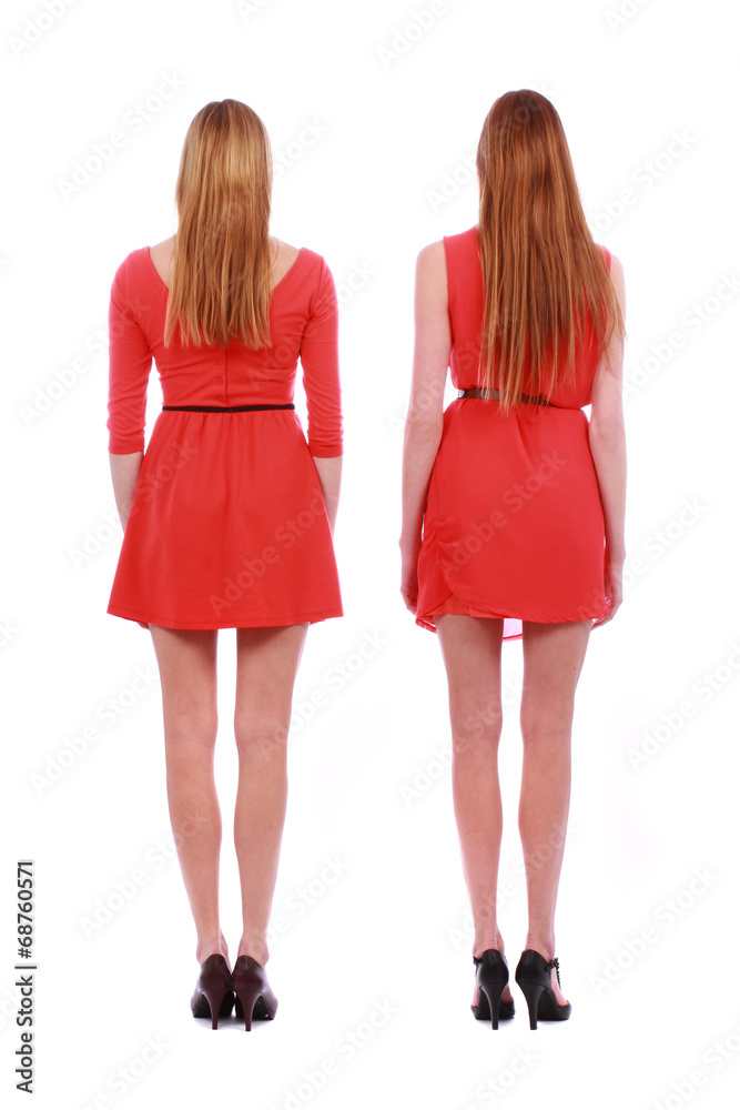Two girls twins in red dresses isolated on the white Two girls twins in red dresses isolated on the white