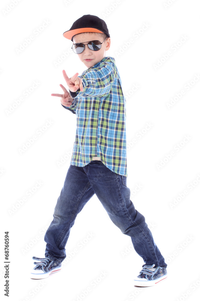 Full length portrait of smiling little boy in jeans cup and sung Full length portrait of smiling little boy in jeans cup and sung