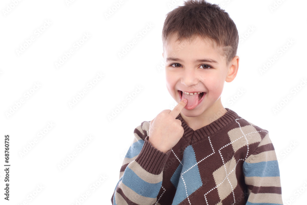 Little naughty boy portrait sticking out his tongue over white b Little naughty boy portrait sticking out his tongue over white b