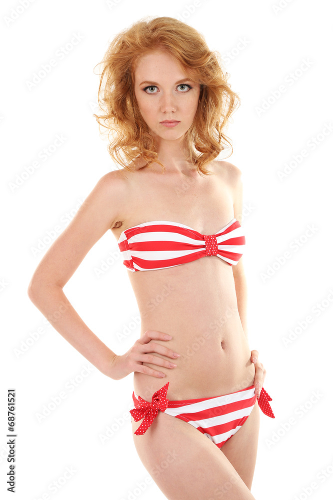 Young woman with slim body in swimsuit isolated on white Young woman with slim body in swimsuit isolated on white