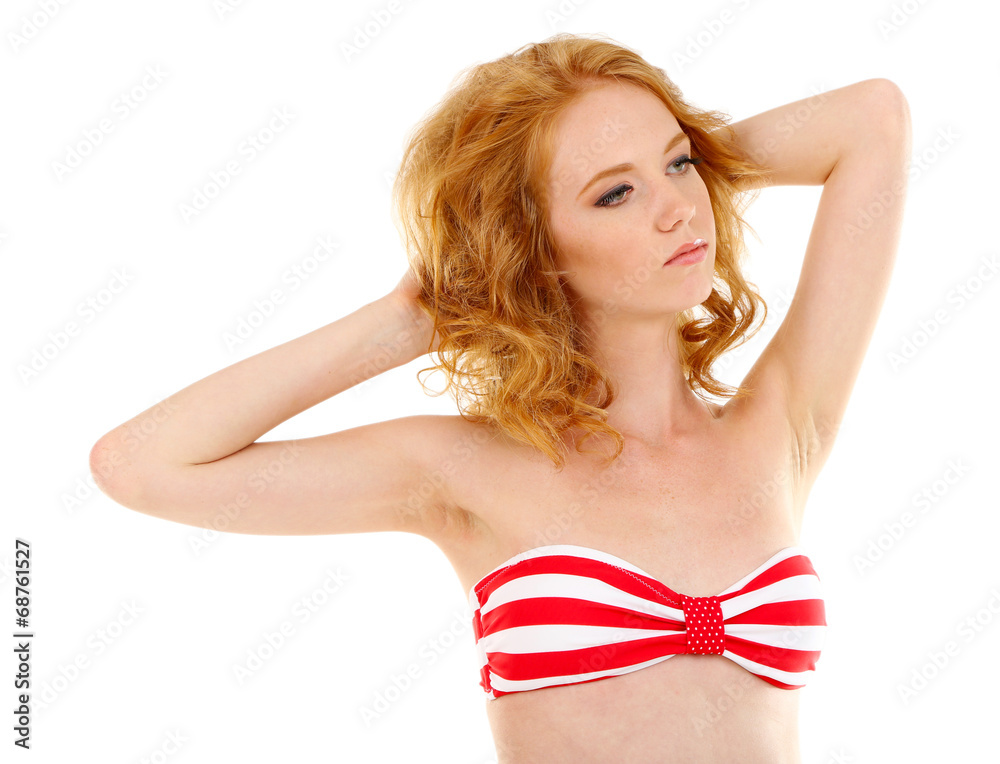Young woman with slim body in swimsuit isolated on white Young woman with slim body in swimsuit isolated on white