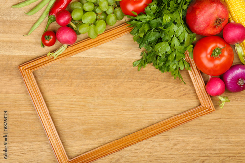 Summer frame with fresh organic vegetables and fruits