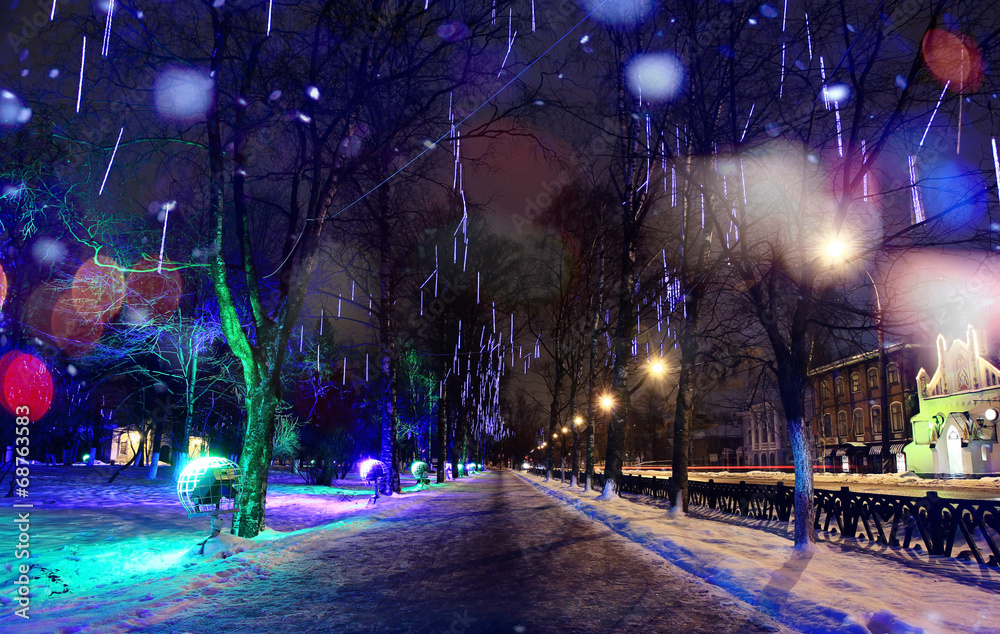 city ​​night winter snow blurred background