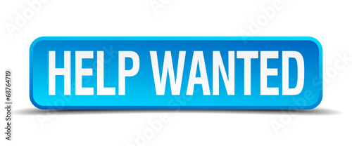 help wanted blue 3d realistic square isolated button