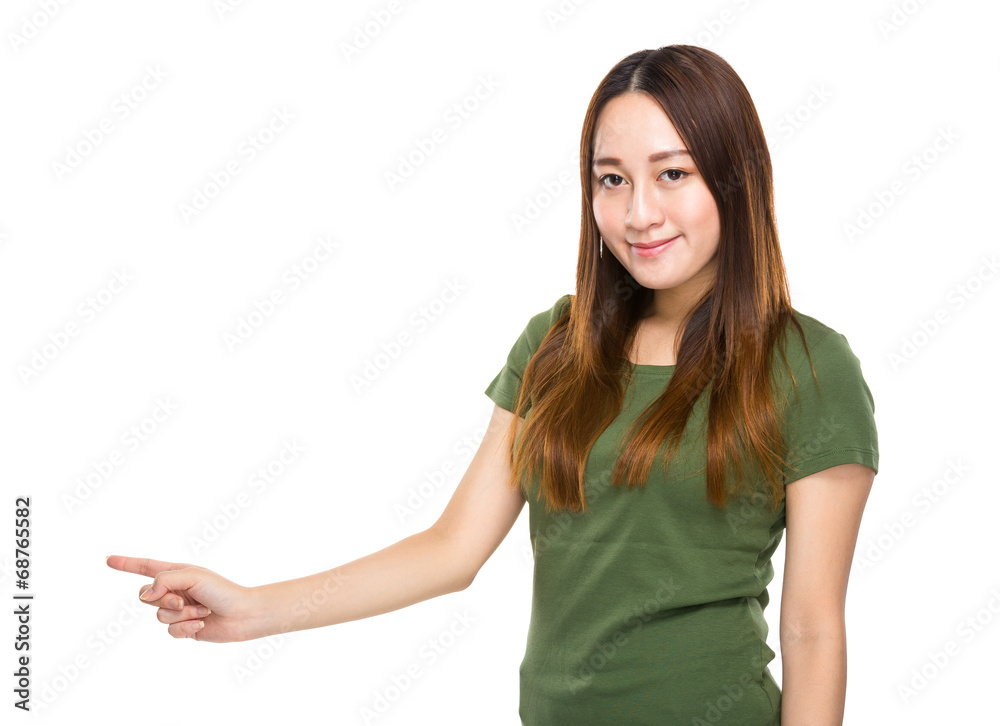 Indonesian Chinese mixed woman with finger point aside Indonesian Chinese mixed woman with finger point aside