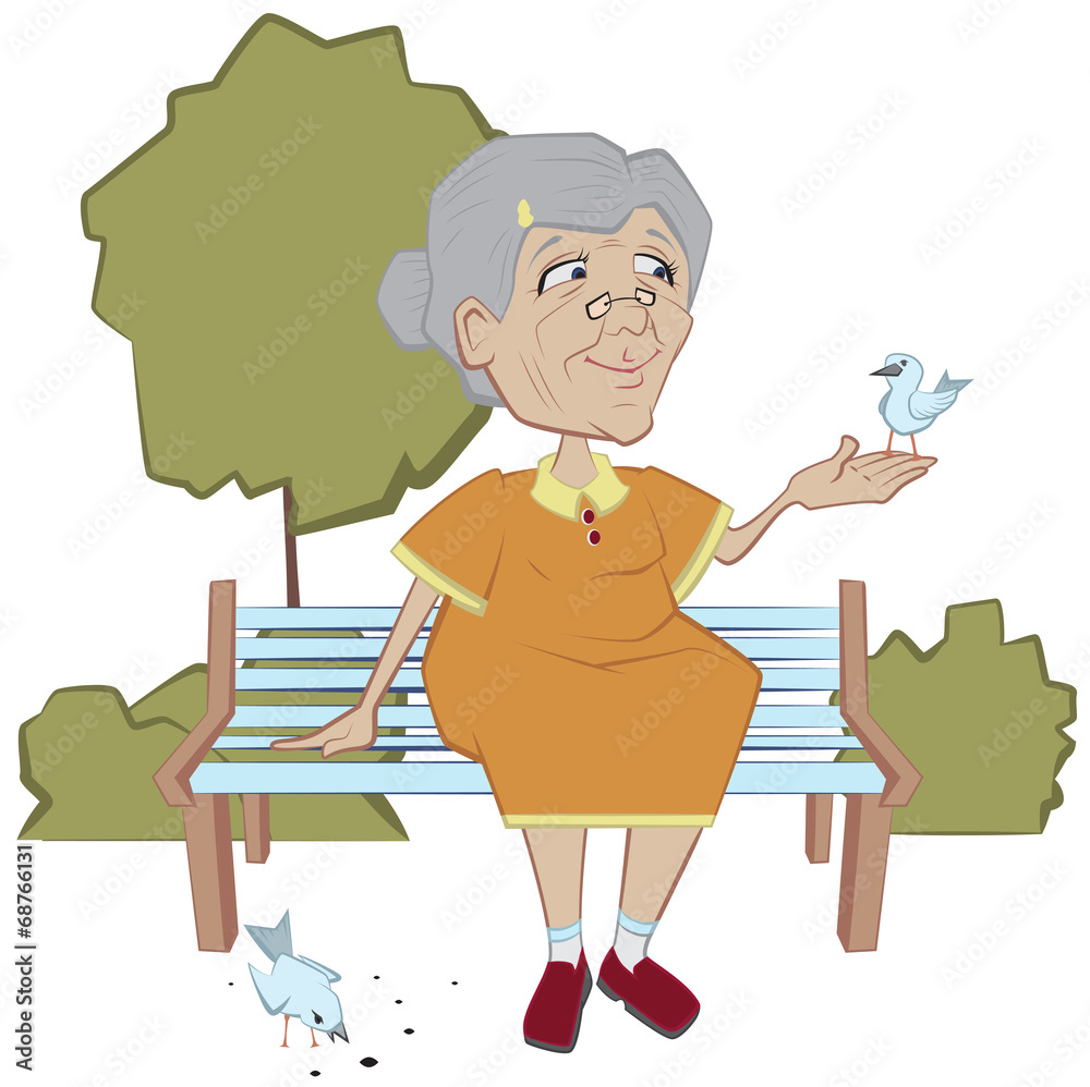Plakat Grandmother on the bench feeding birds
