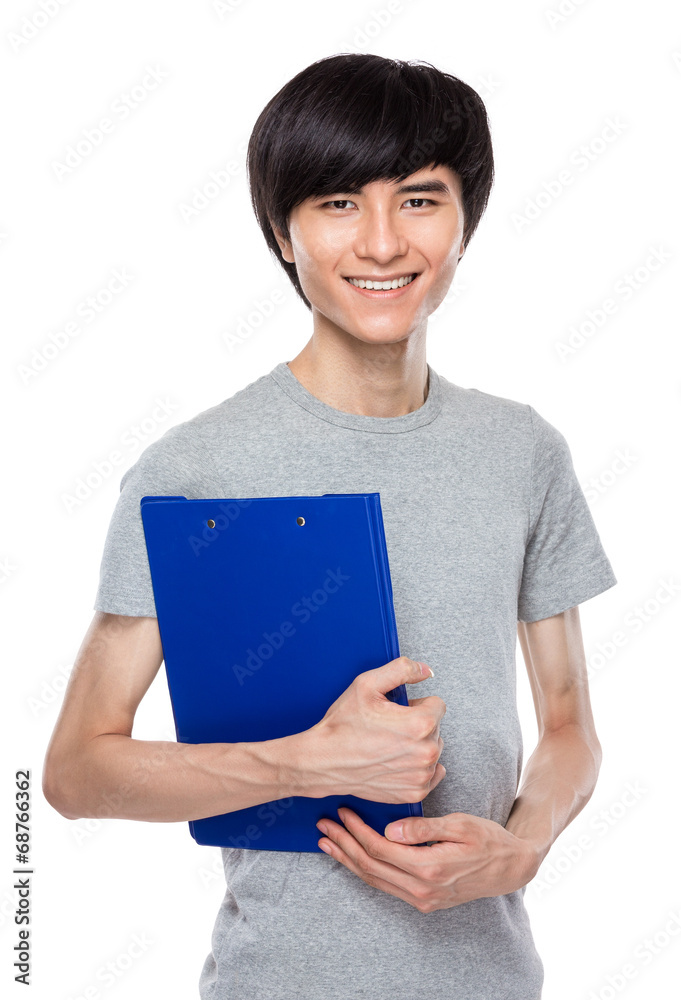Young man hold clipboard Young man hold clipboard