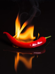 Papier peint photo Piments forts Piment chili enflammé fond sombre  © leonid_shtandel