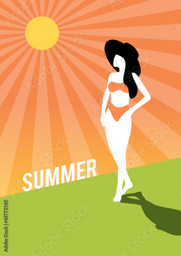 Summer retro poster girl the beach vintage vector background