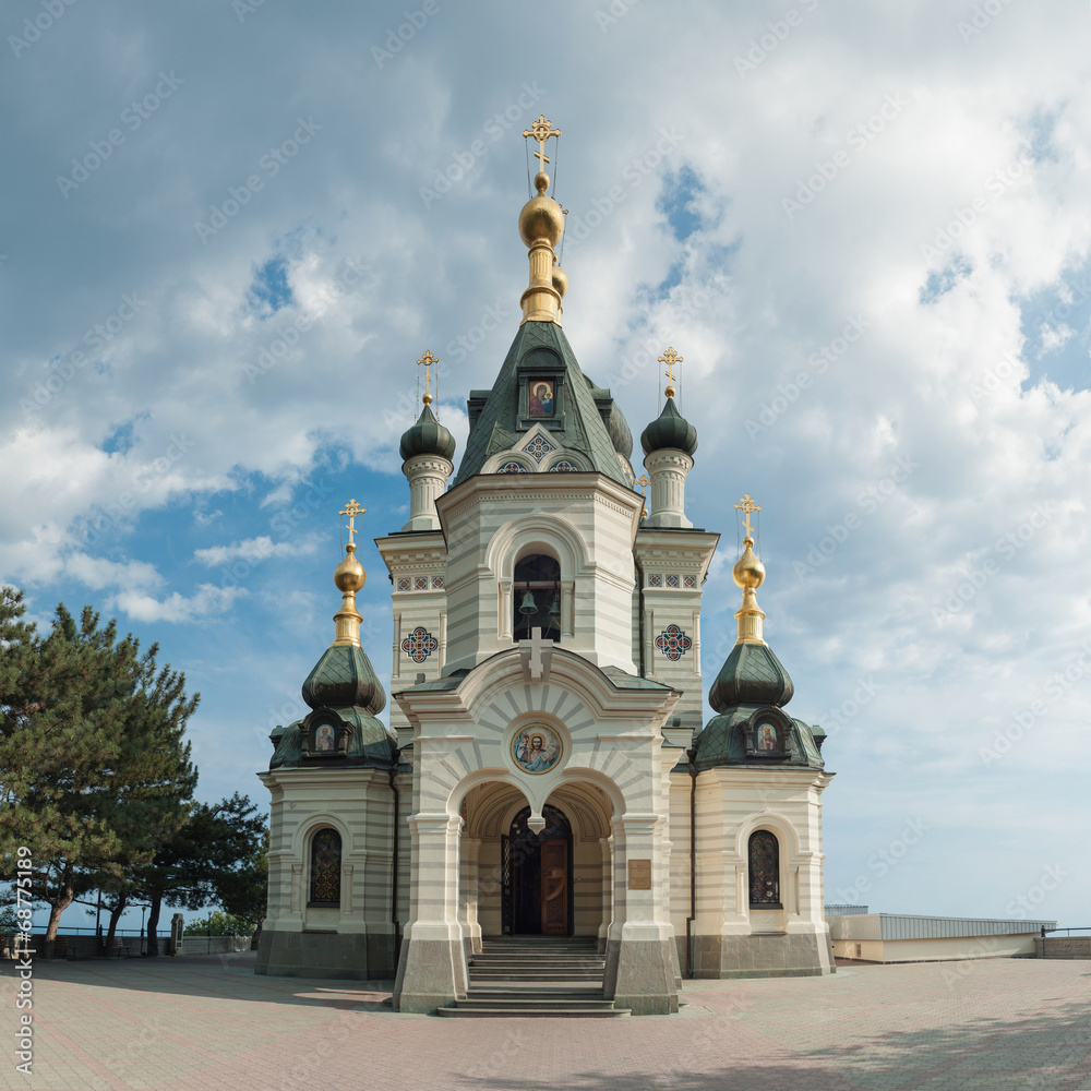 Orthodox church in Foros with sky and clouds
