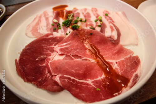 Raw pork on white plate
