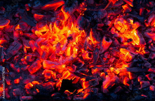 Campfire with burning firewood on foreground closeup