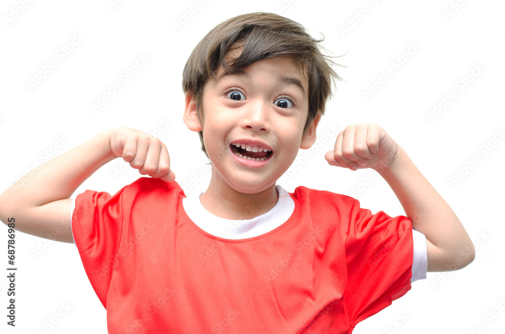 Little boy showing his muscles on white background Little boy showing his muscles on white background
