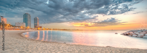 Photography Barceloneta Beach in Barcelona at sunrise