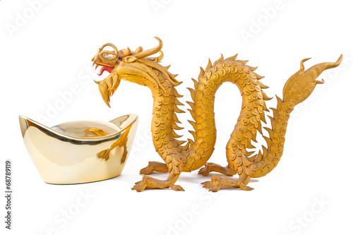 Chinese gold ingot and GoldenDragon isolated on white background photo