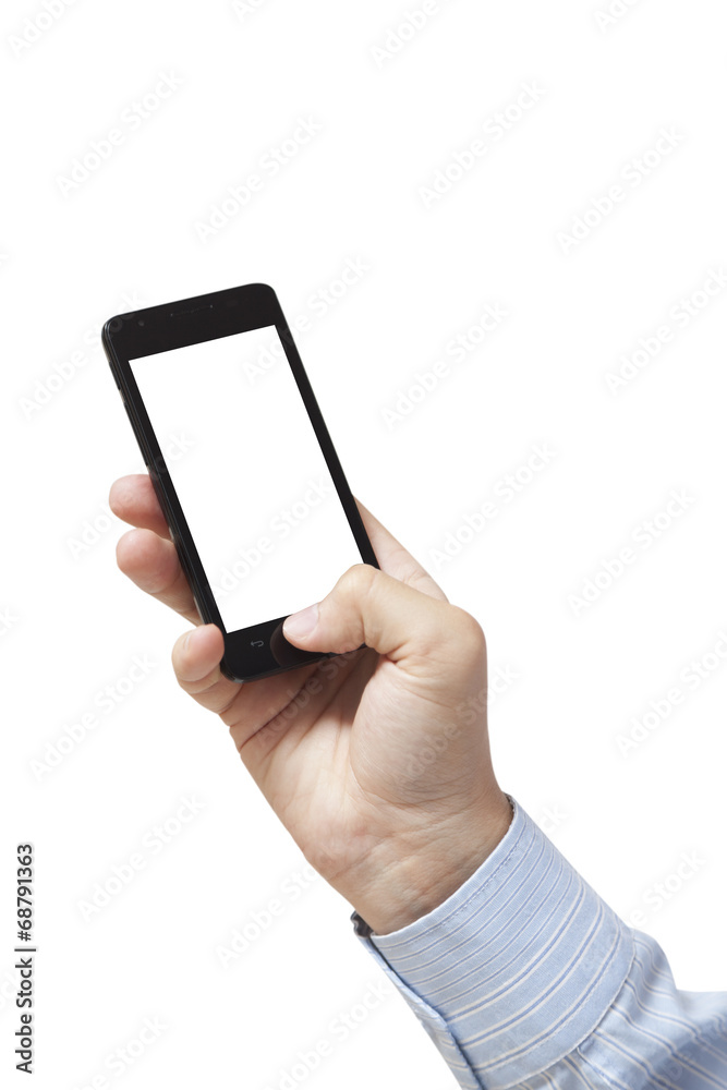 Smart phone in hand with white background isolated Smart phone in hand with white background isolated