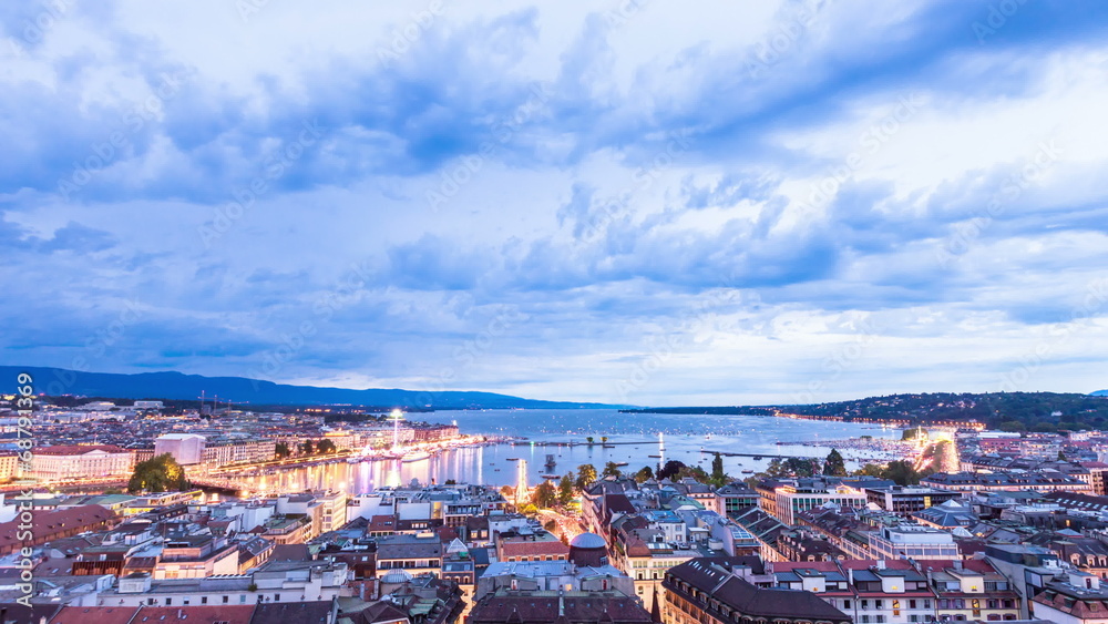 Panoramic night view of the city of Geneva, Lake Geneva