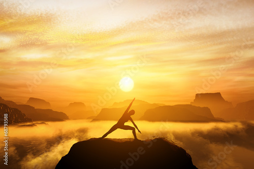 Fotografie Woman standing in yoga position, meditating in mountains