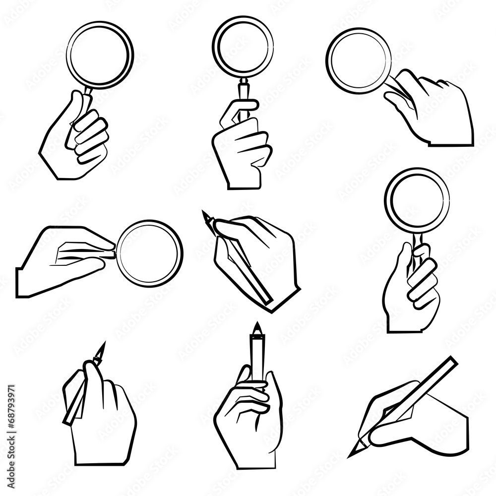 hand holding magnifier glass and pen hand holding magnifier glass and pen