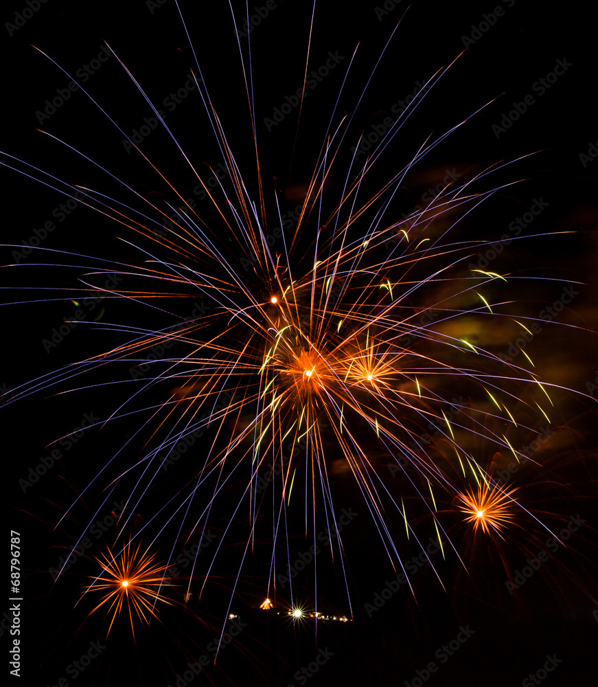 Fototapeta premium Fireworks on the black sky background.