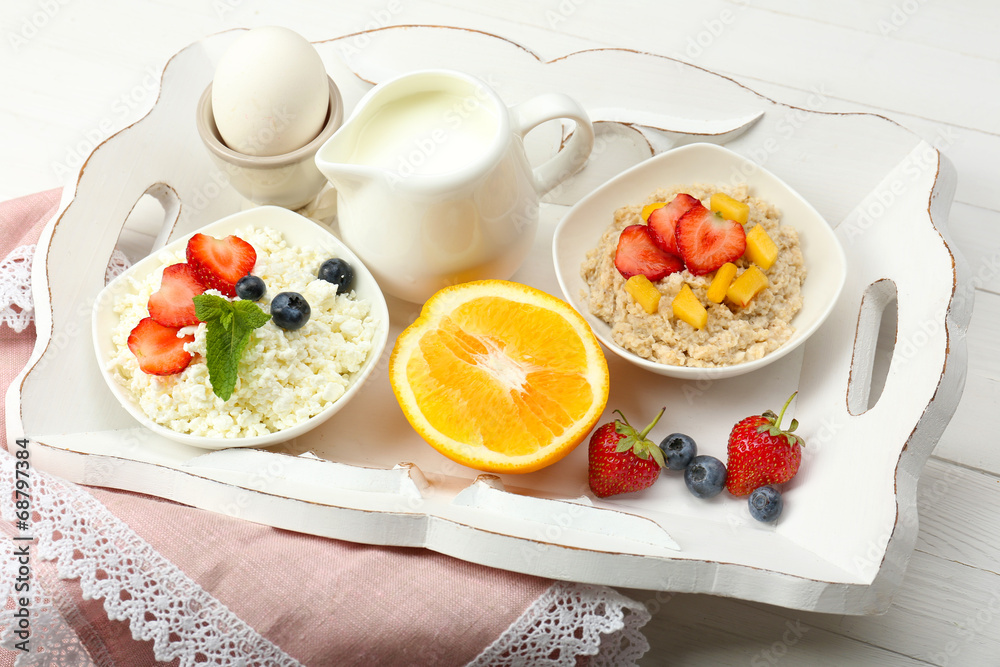 Delicious breakfast on table, close up Delicious breakfast on table, close up