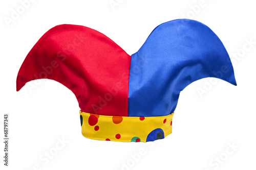 multi-colored jester hat isolated on white background