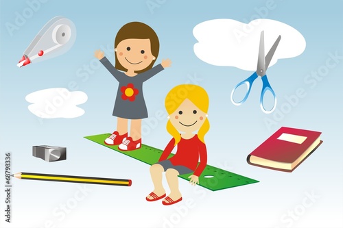 Niños y material escolar en el cielo con nubes. Ilustración vectorial