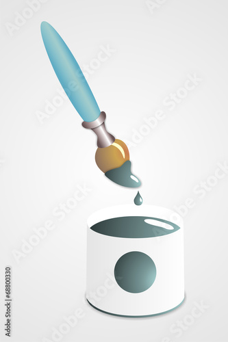 Pincel de artista y bote de pintura azul. Ilustración vectorial