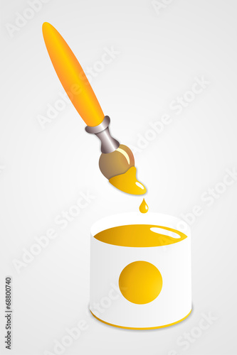 Pincel de artista y bote de pintura amarilla. Ilustración vectorial