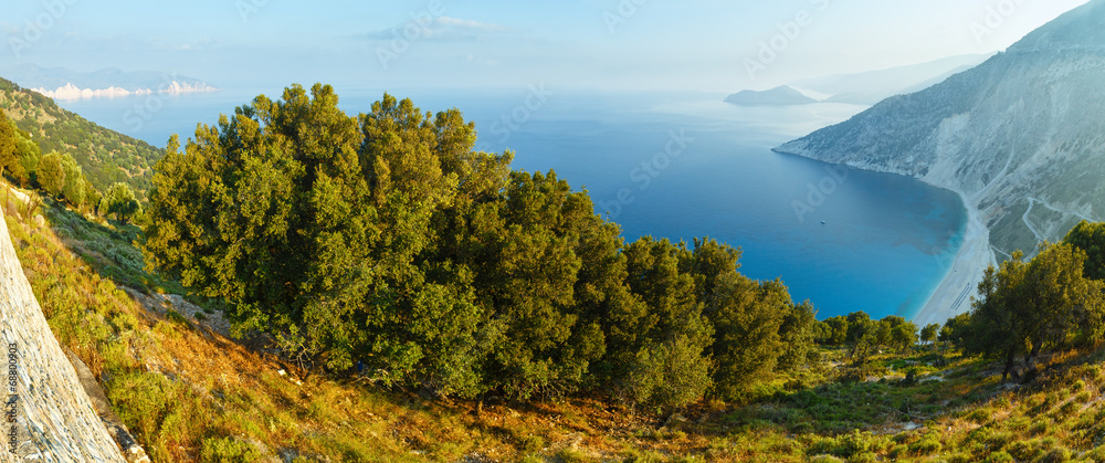 Top morning view of Myrtos Beach (Greece,  Kefalonia).