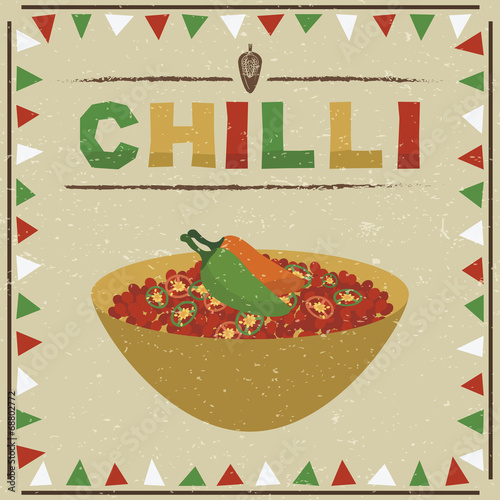 Mexican food beef chilli bowl poster vector clipart with red green white frame