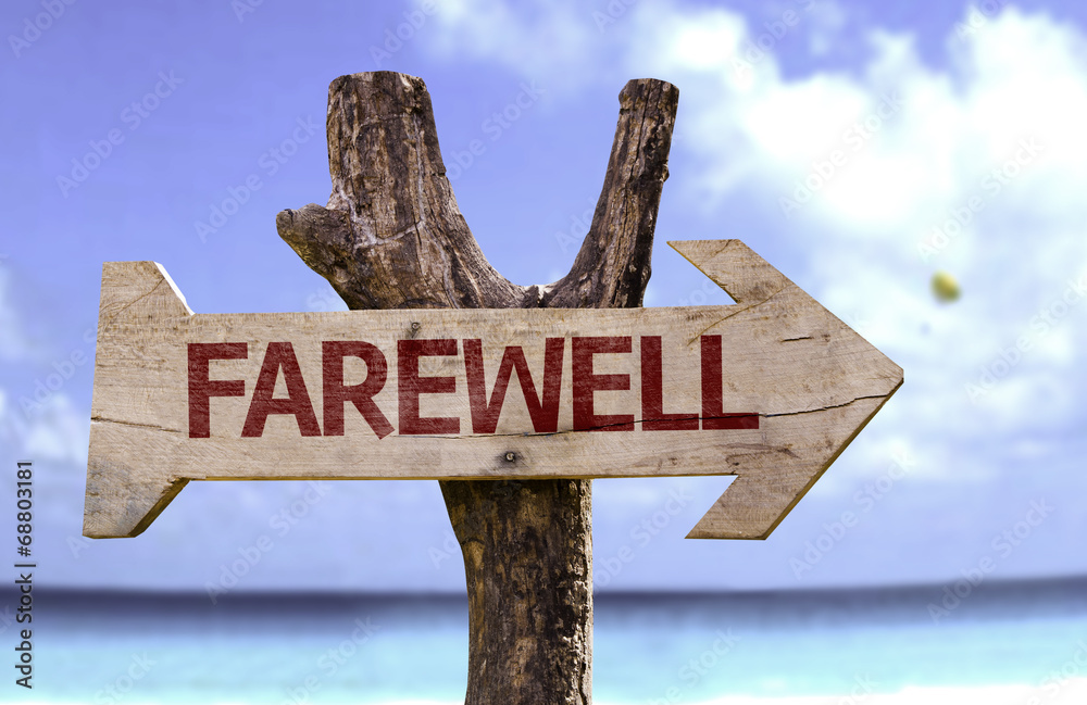 Farewell wooden sign with a beach on background