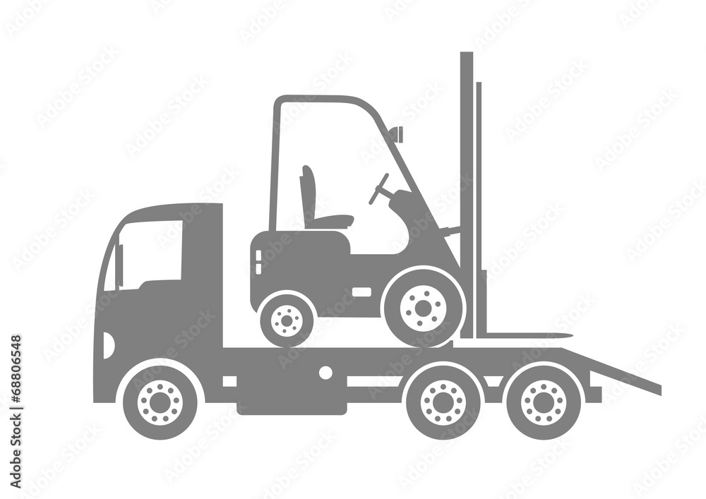 Grey tow truck and forklift on white background