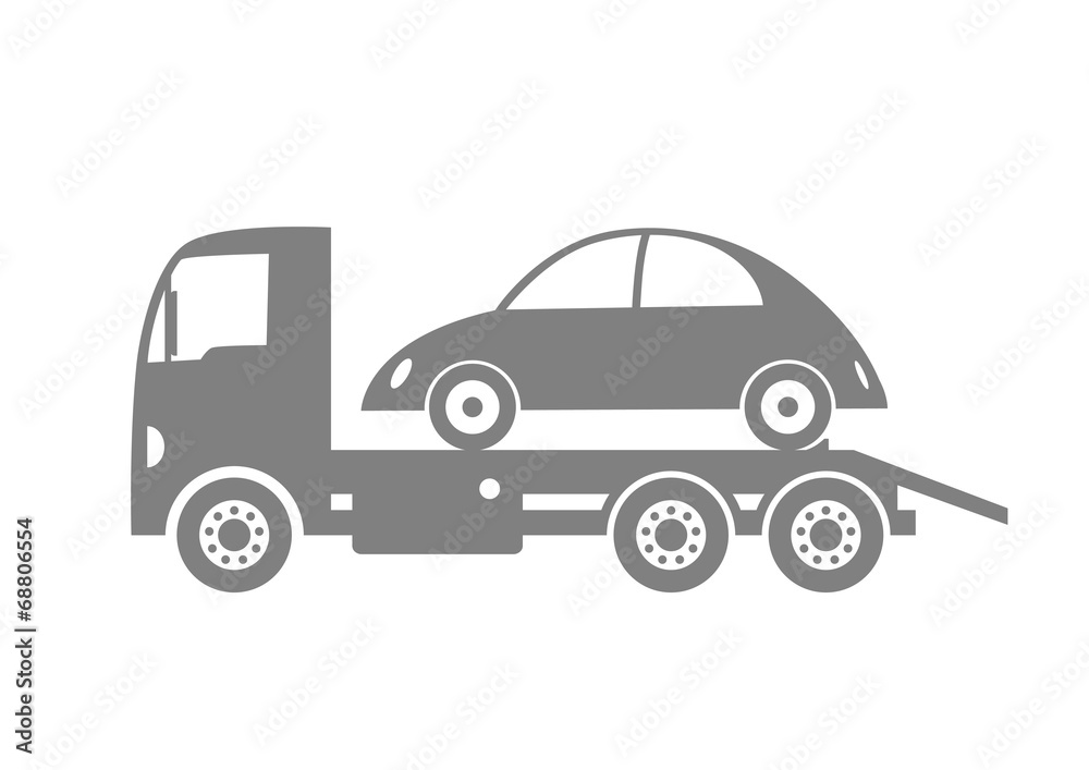 Grey tow truck and car on white background